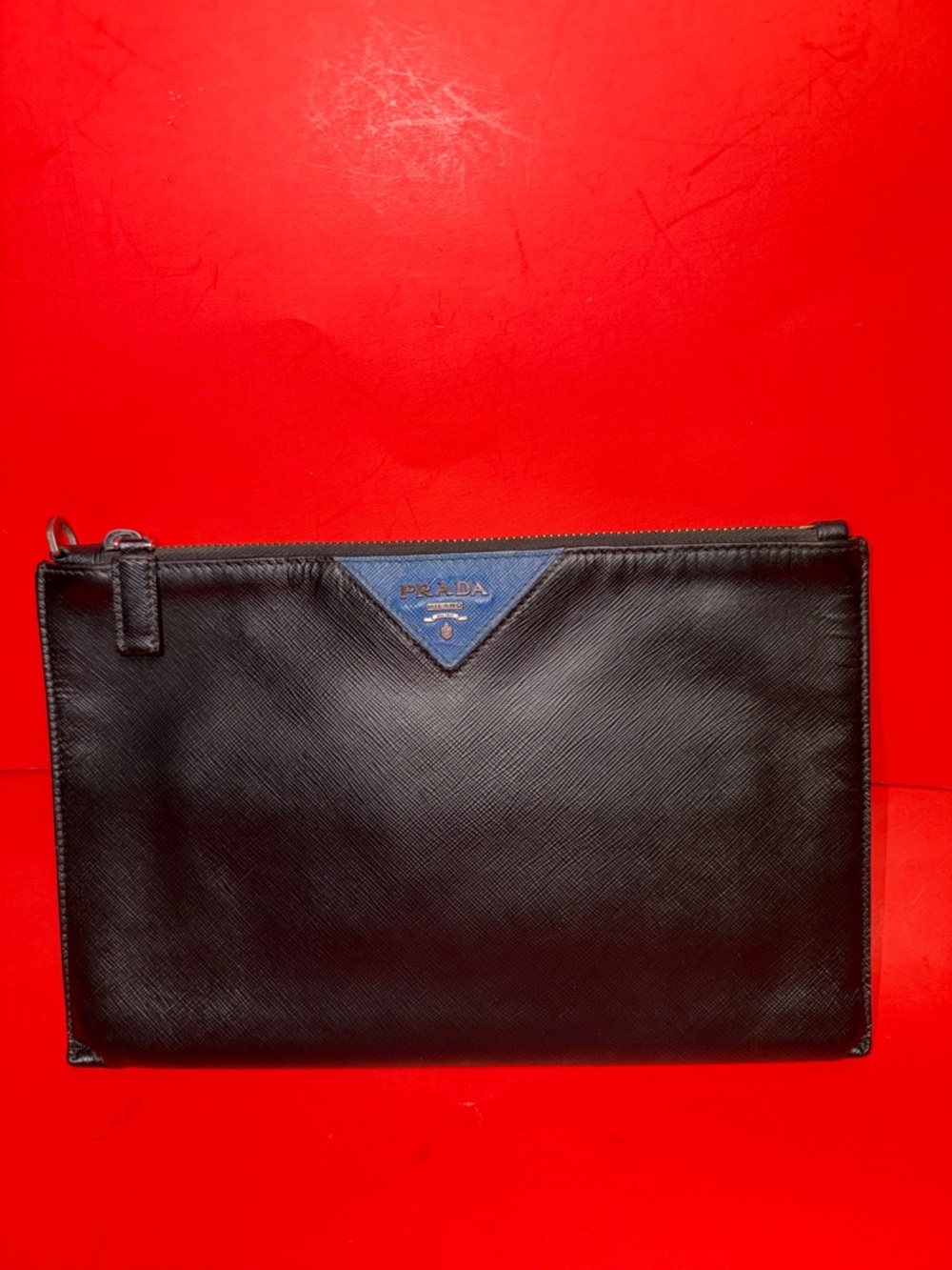 Prada Black Leather Pouch with Blue Logo Tab